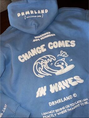 DRMRLAND Blue 'Change Comes In Waves' Graphic Hoodie